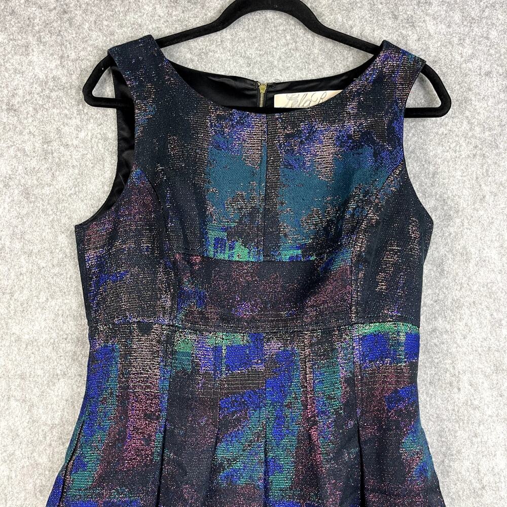 Lela Rose Shift Dress Womens 10 Black Metallic Silk Lined Pleated Cocktail Party - Picture 2 of 16